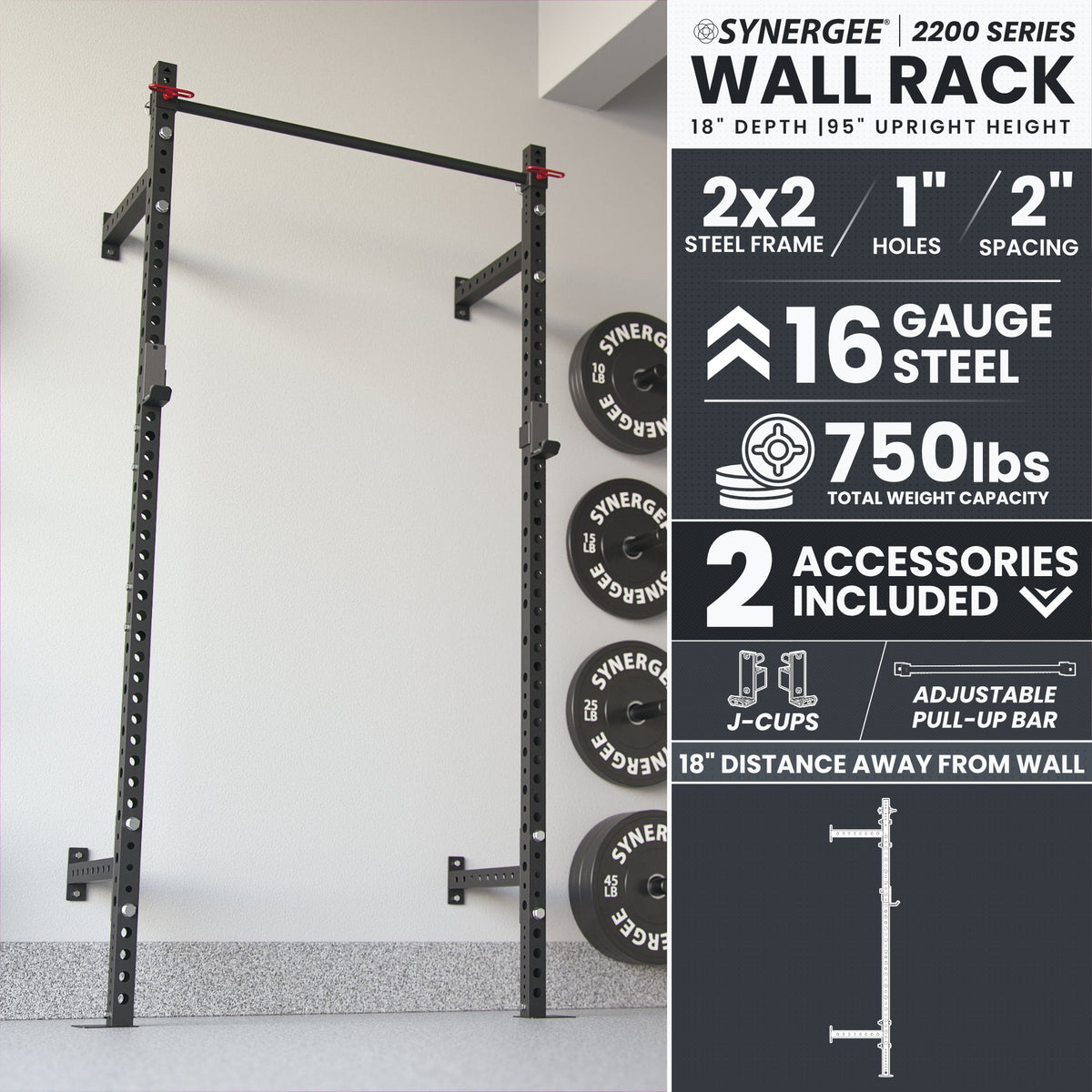 Wall Rack by Synergee features 2x2 steel frame, 16 gauge construction, and adjustable pull-up bar.