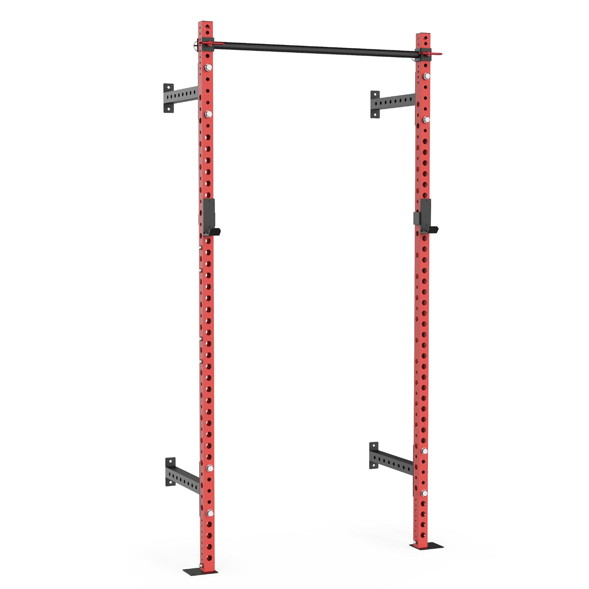 Red Power Rack with adjustable pull-up bar for strength training.