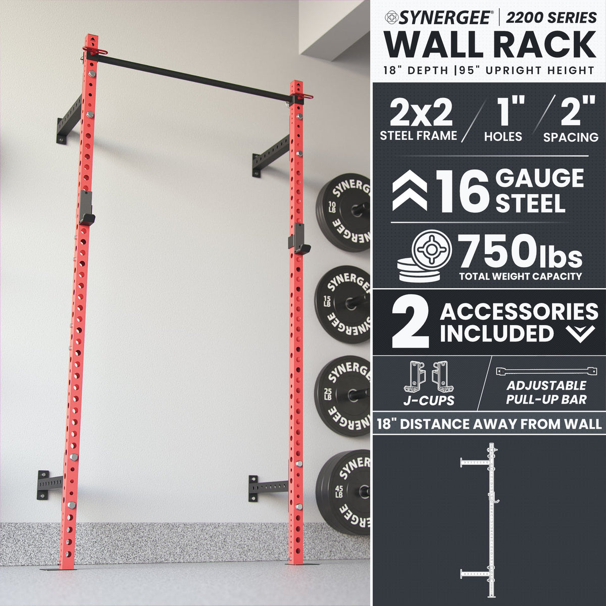 Synergee Wall Rack features 2200 series design with 16 gauge steel, adjustable pull-up bar, and 750 lbs capacity.