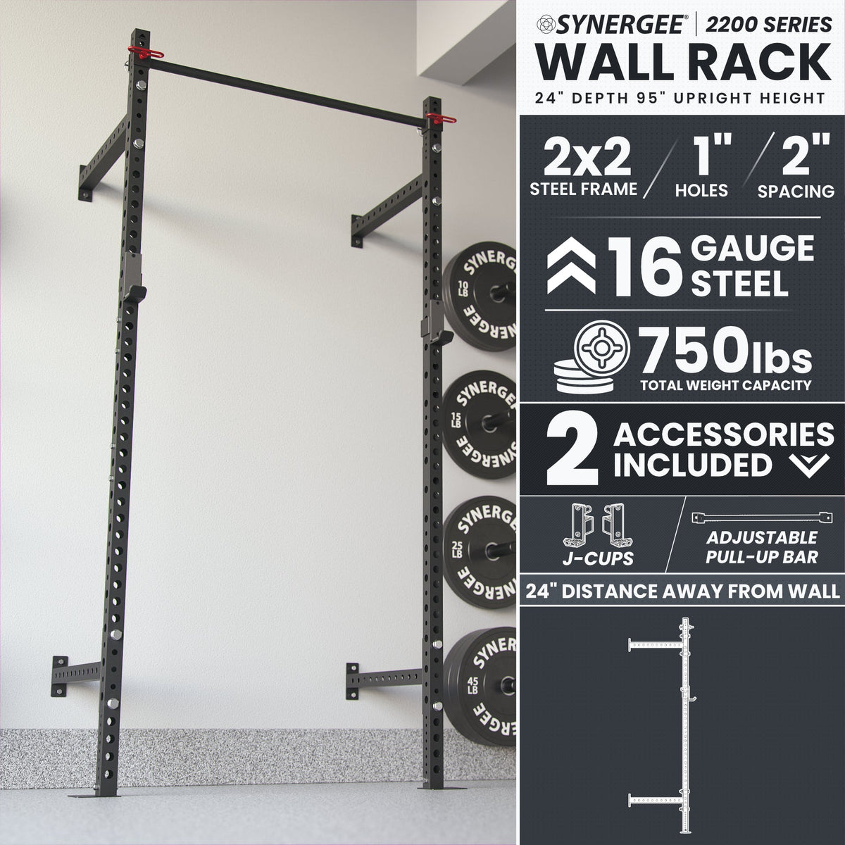 Synergee Wall Rack features 2x2 steel construction with 16 gauge steel and 750 lbs capacity.