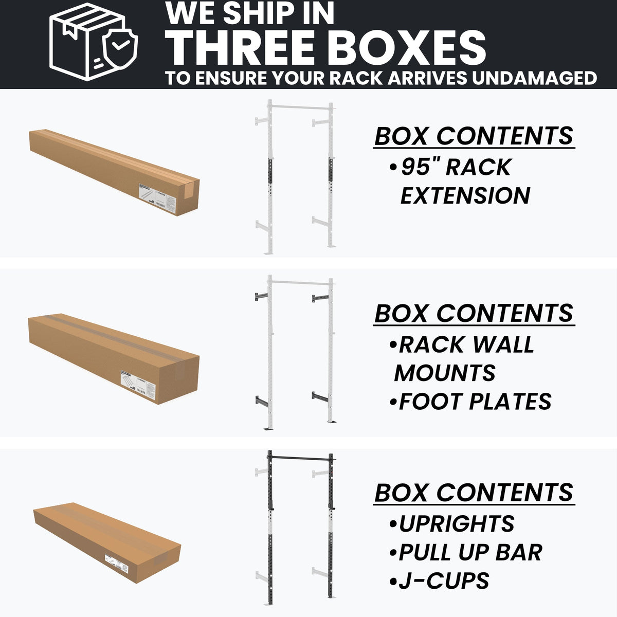 Rack extension kit includes 95" rack extension, wall mounts, foot plates, and pull-up bar.