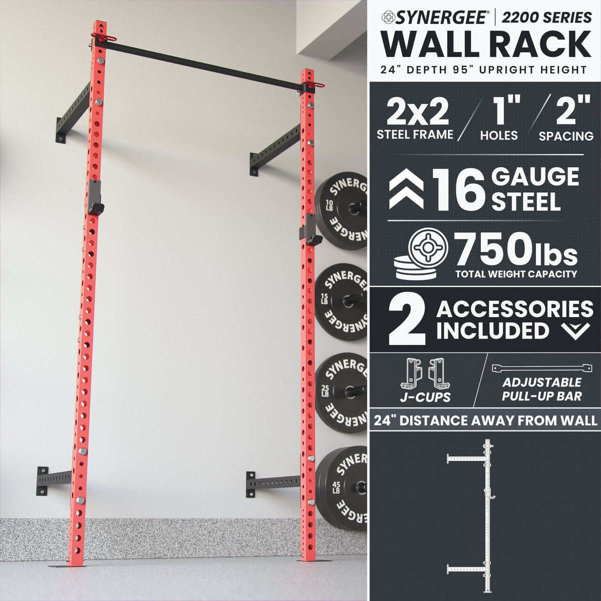 Synergee Wall Rack in red with 24-inch depth and adjustable J-cups for strength training.