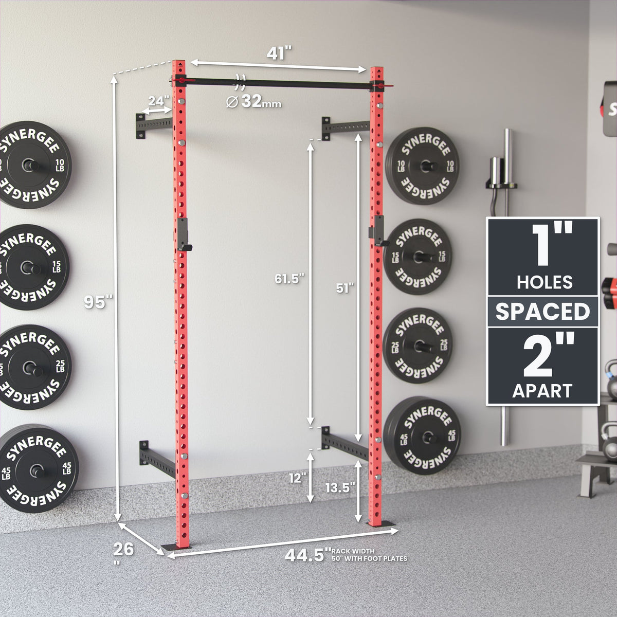 Adjustable Power Rack with red frame and detailed measurements for home gym use.
