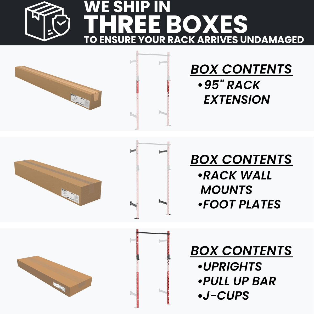 Three Boxes for Rack Extension, Wall Mounts, and Uprights with Pull-Up Bar and J-Cups.