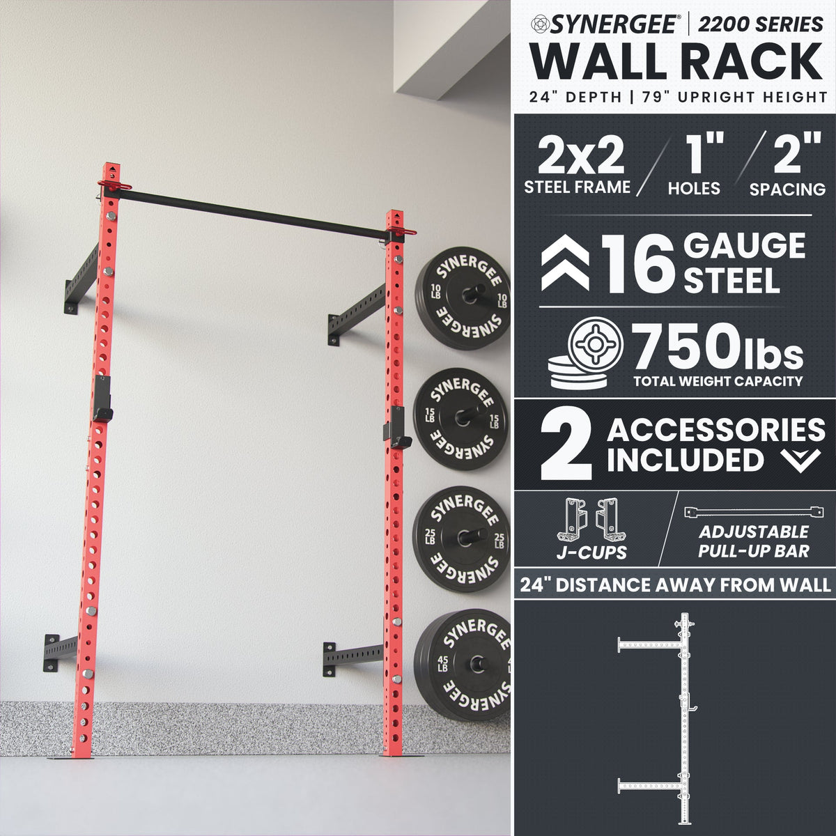 Synergee Wall Rack features 2x2 steel frame, 16 gauge construction, and 750 lbs capacity.