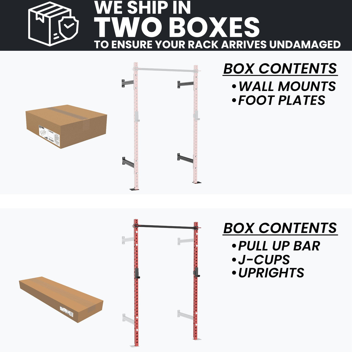 Wall Mount Pull Up Rack with two boxes for safe shipping, includes wall mounts and foot plates.
