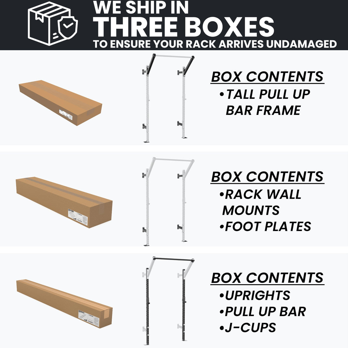 Pull Up Bar Rack shipping boxes with contents listed, including tall frame and wall mounts.