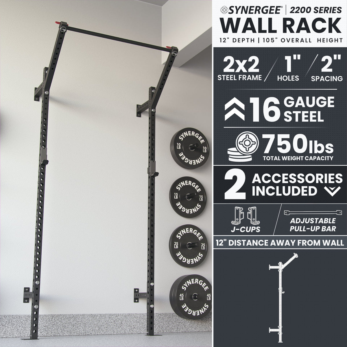 Synergee Wall Rack features 2x2 steel frame, 750 lbs capacity, and adjustable pull-up bar.