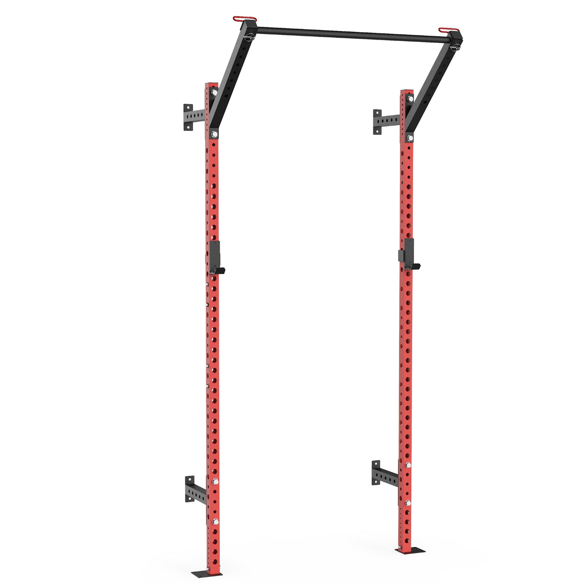 Pull-Up Bar with red and black design, sturdy vertical supports for home gym use.