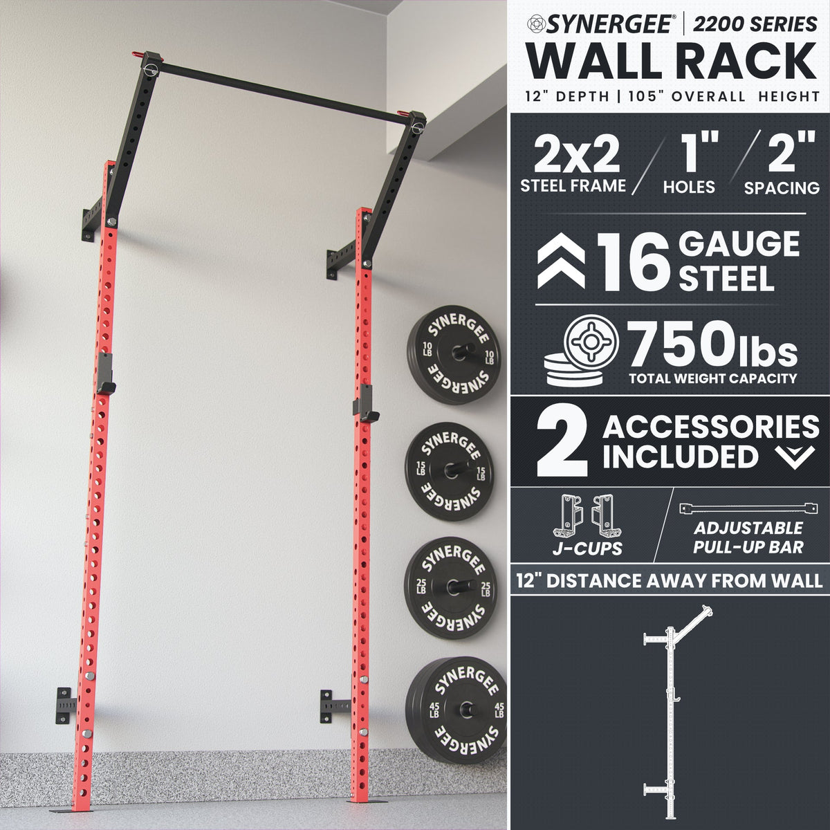 Synergee Wall Rack features a sturdy 2x2 steel frame with adjustable pull-up bar and J-cups.