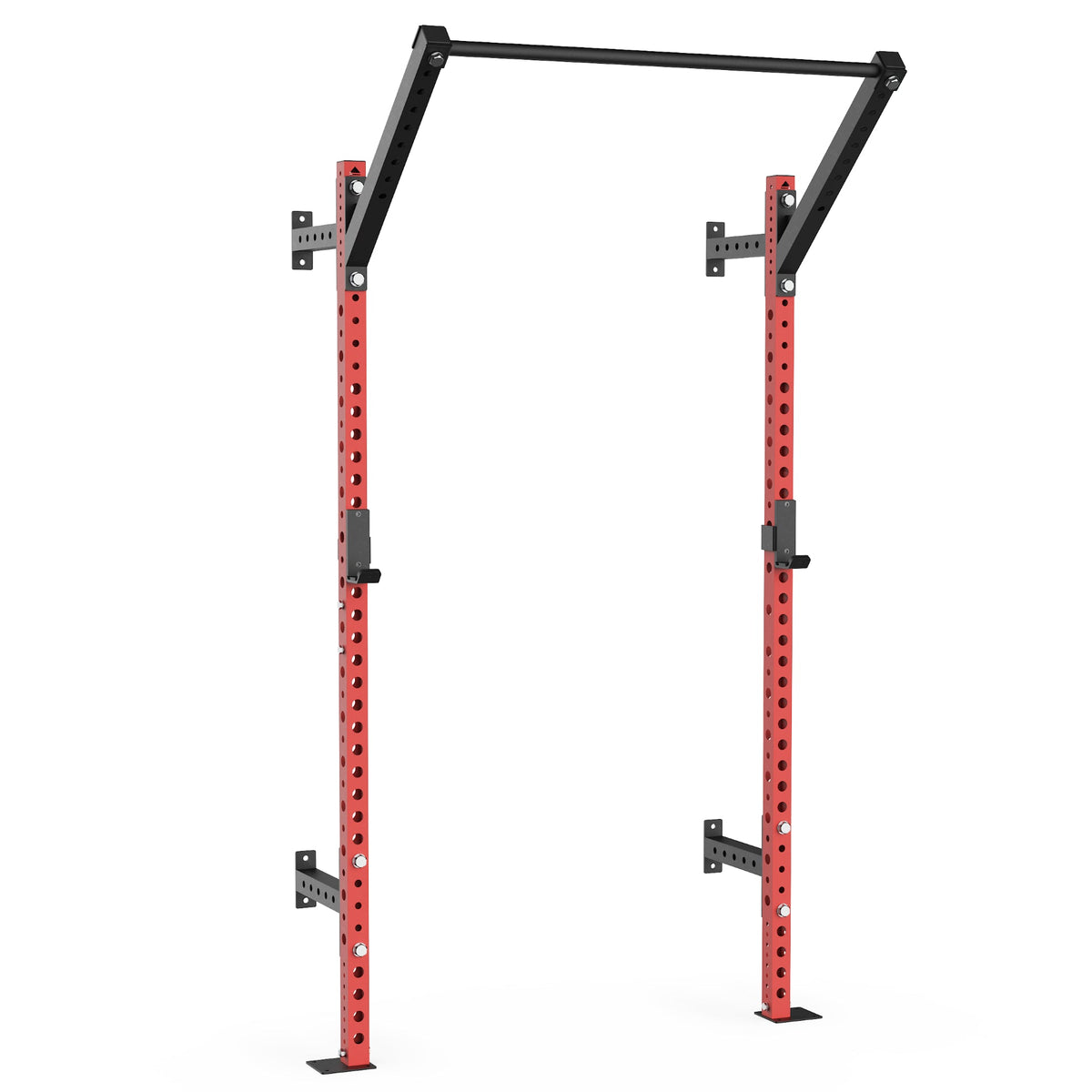 Red pull-up bar with sturdy vertical supports for home gym use.