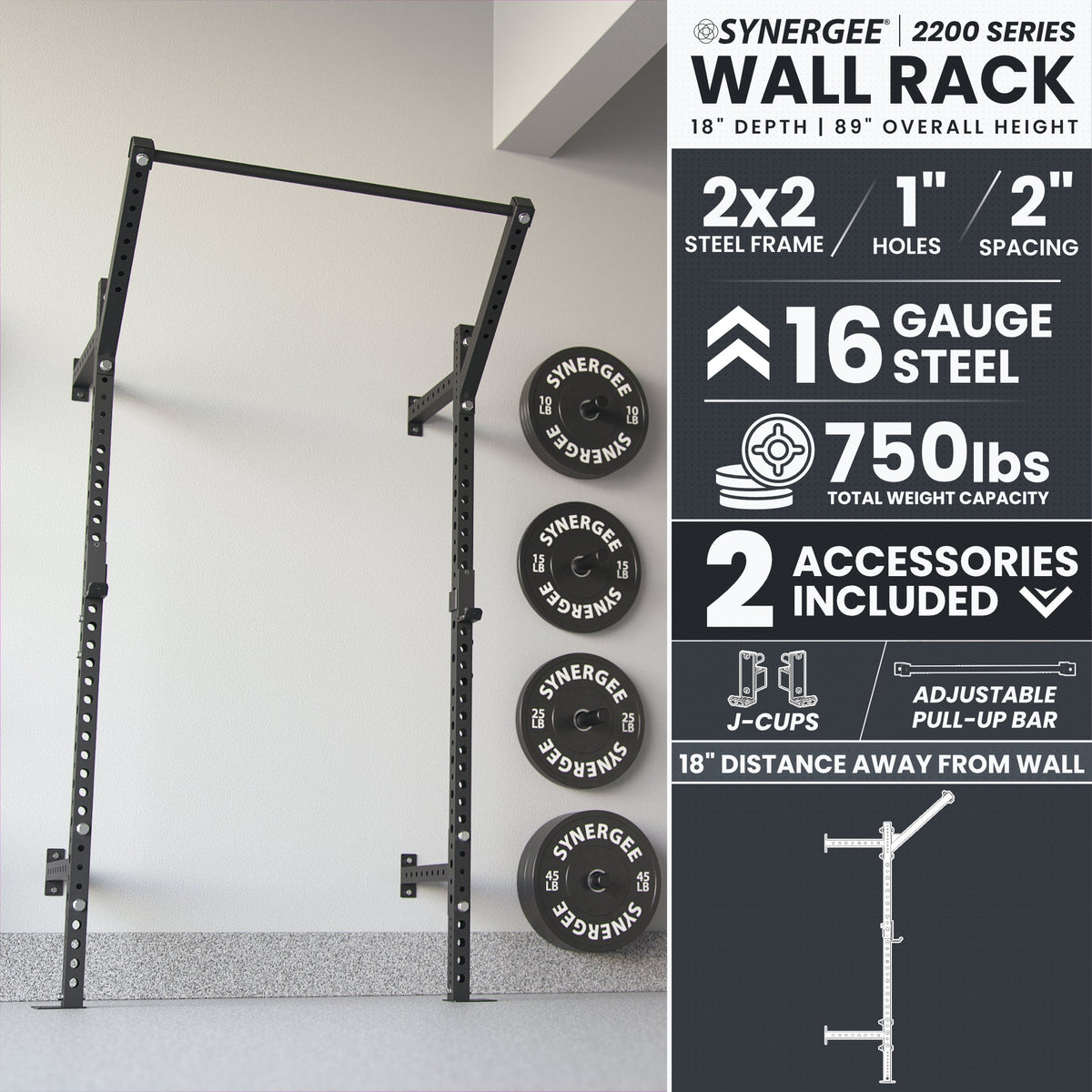 Synergee Wall Rack with 2x2 steel frame, 16 gauge steel, and 750 lbs capacity.