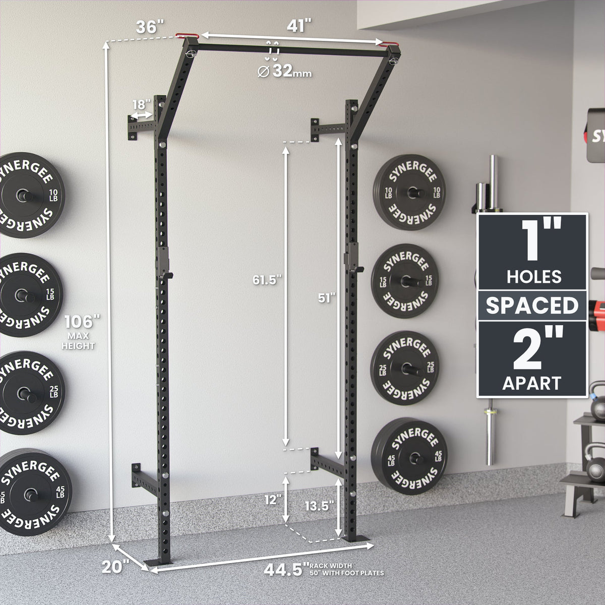 Power Rack with 1-inch holes spaced 2 inches apart, featuring a sturdy black frame and dimensions for home gym use.