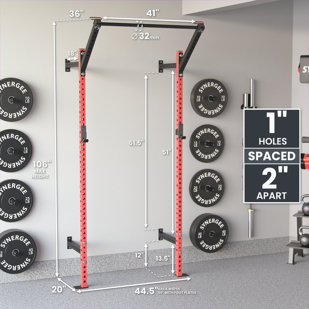 Power Rack with 1-inch holes spaced 2 inches apart, featuring a sturdy design and red accents.