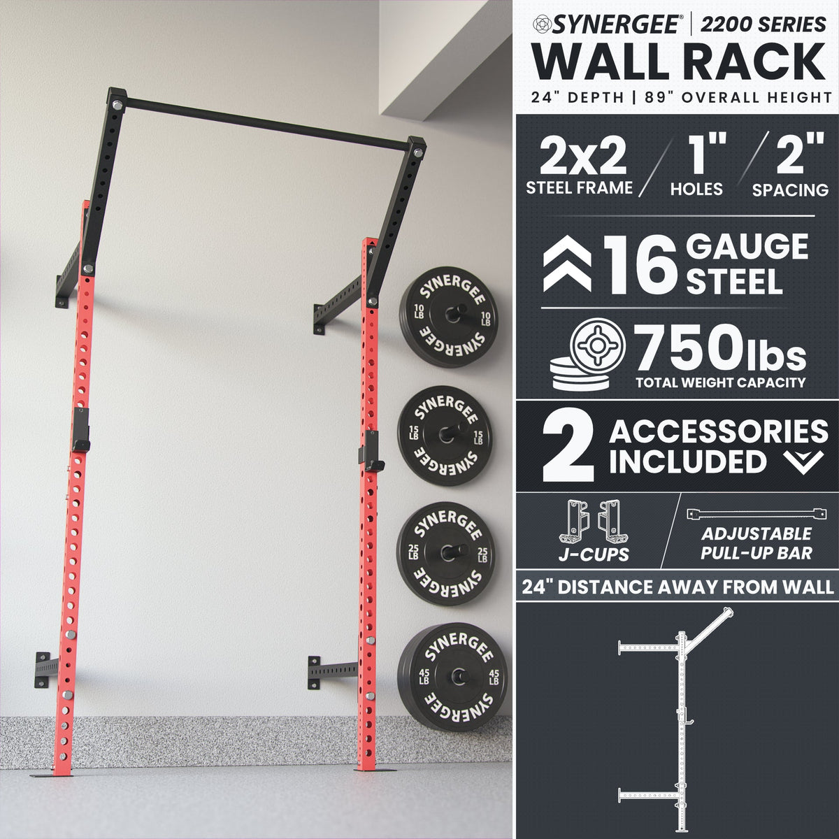 Synergee Wall Rack features a sturdy 2x2 steel frame with adjustable pull-up bar and accessories.