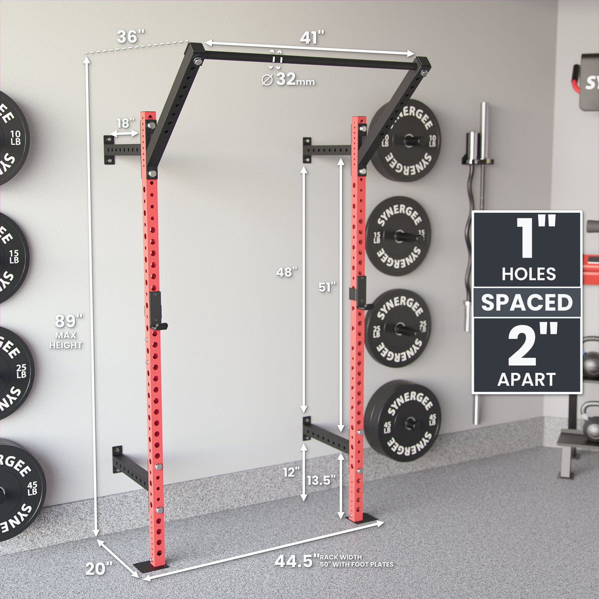 Heavy-duty pull-up bar with red and black design, featuring 1-inch spaced holes for adjustable height.