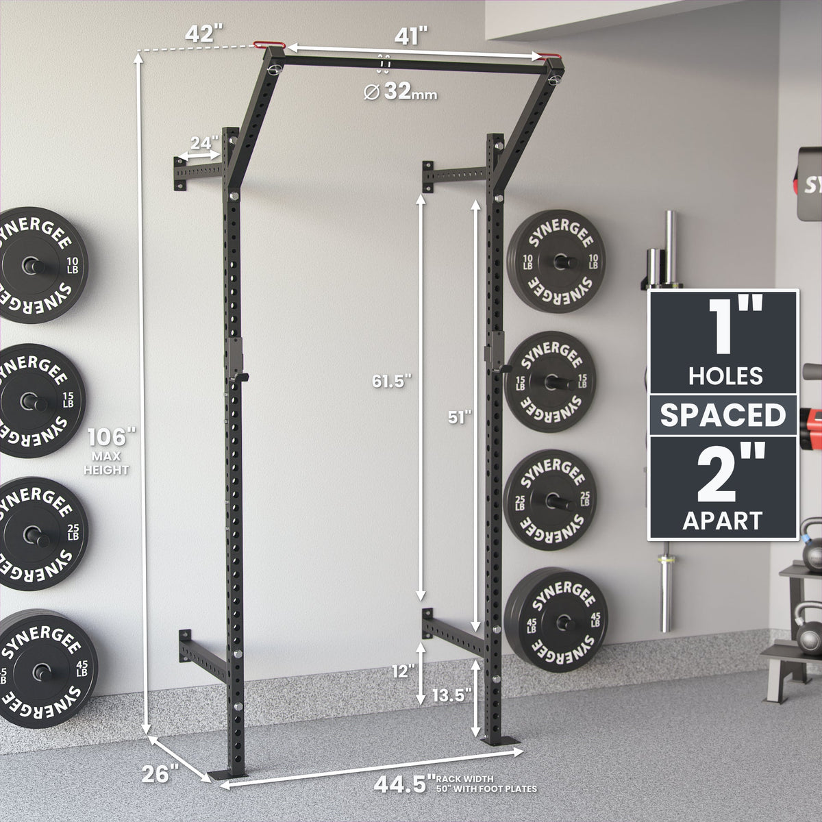 Power Rack with 1-inch holes spaced 2 inches apart, featuring a sturdy black frame and dimensions for home gym use.