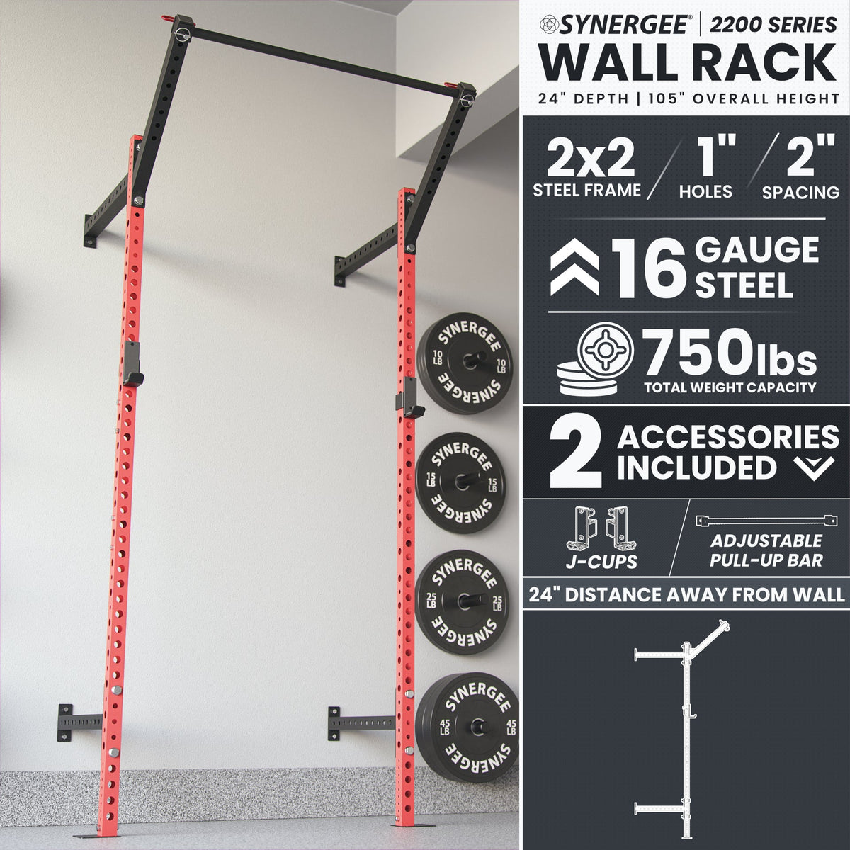Synergee Wall Rack features a 2x2 steel frame with adjustable pull-up bar and weight capacity of 750 lbs.