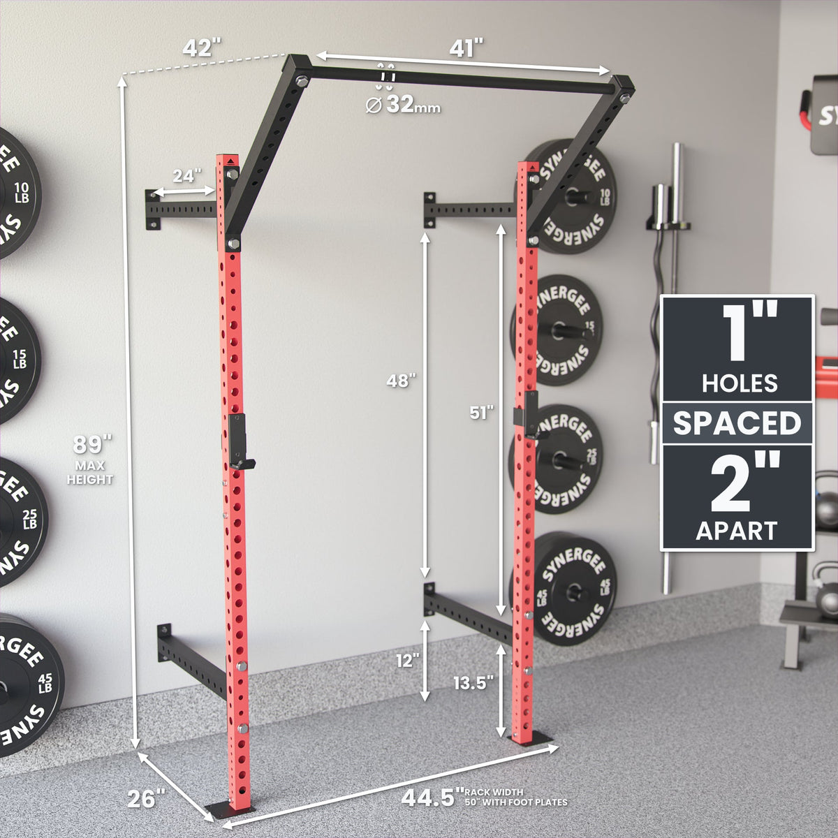 Power Rack with 1-inch holes spaced 2 inches apart, featuring a sturdy design and dimensions for home gym use.