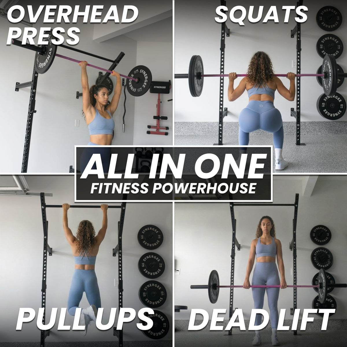 All In One Fitness Powerhouse showcasing overhead press, squats, pull ups, and dead lift exercises.