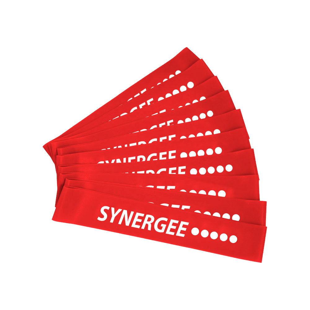 Synergee resistance bands in vibrant red color, featuring a durable design for effective workouts.