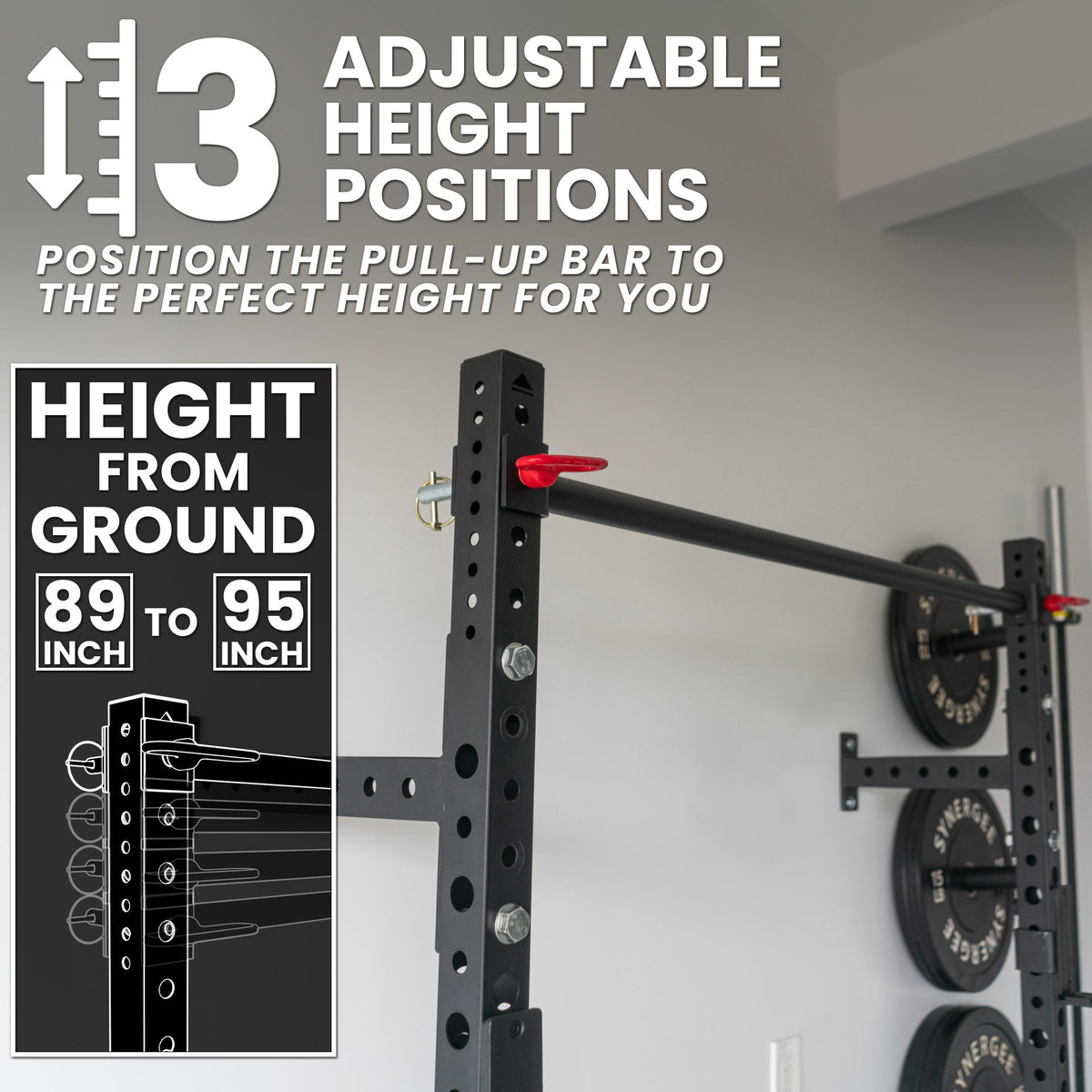 Adjustable Pull-Up Bar with three height positions from 89 to 95 inches for optimal workout.