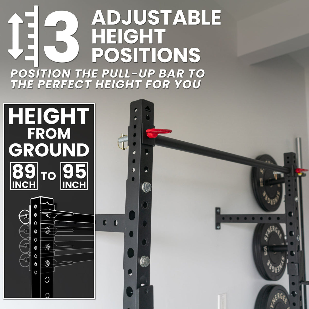 Adjustable Pull-Up Bar with three height positions from 89 to 95 inches for customized workouts.