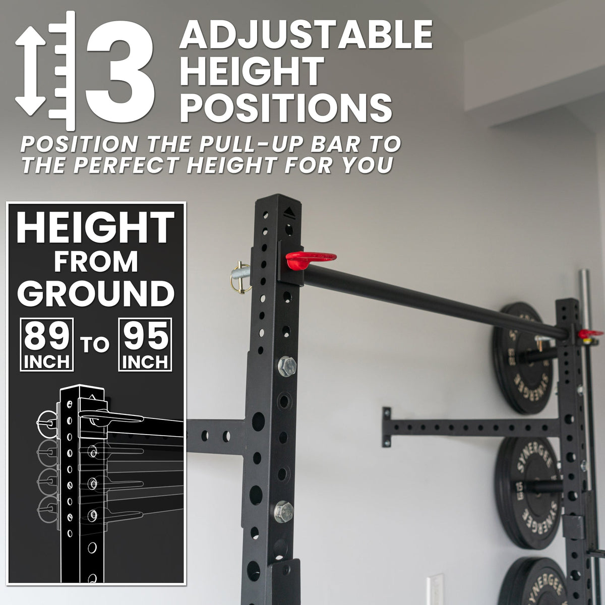 Adjustable Pull-Up Bar with three height positions for customized workouts, ranging from 89 to 95 inches.