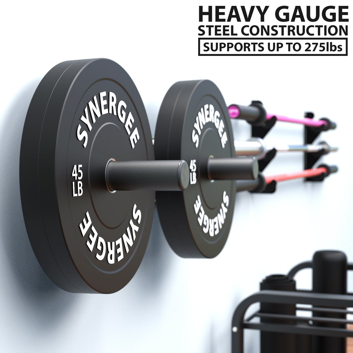 Synergee weight plates with heavy gauge steel construction, supporting up to 275 lbs.