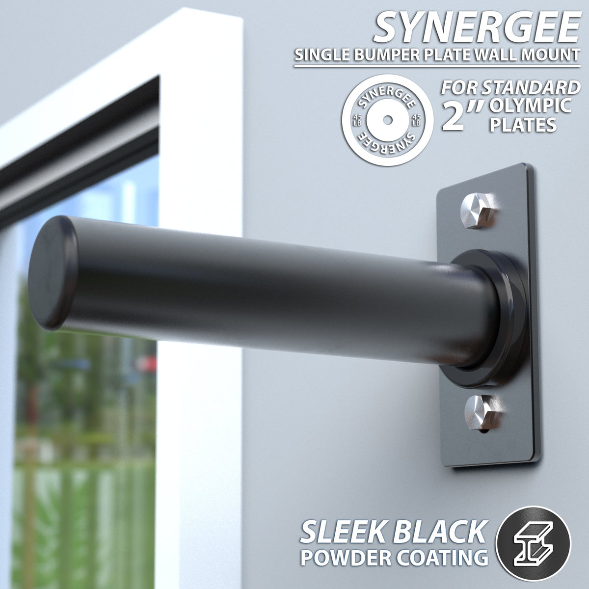 Synergee single bumper plate wall mount in sleek black, designed for 2-inch Olympic plates.