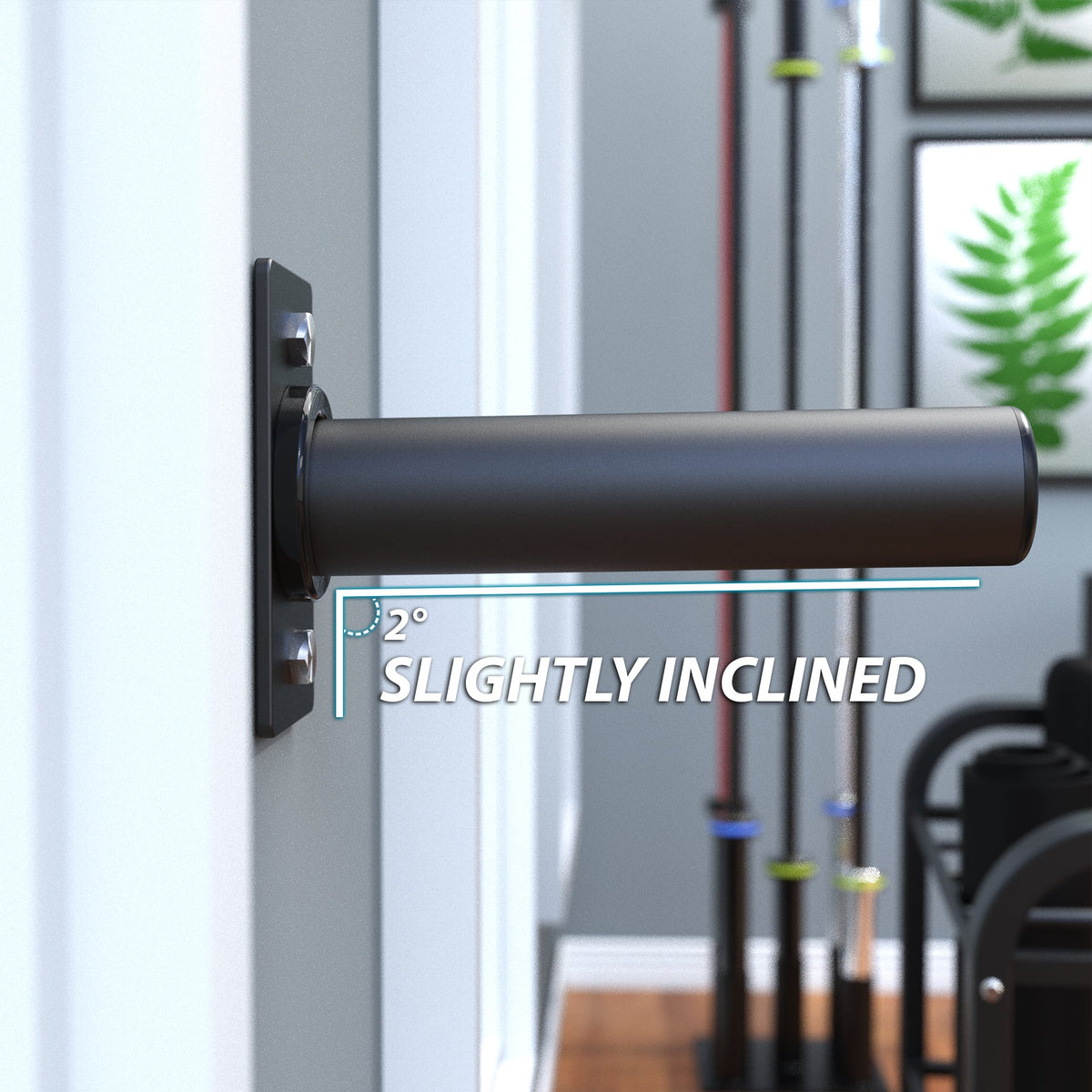 Slightly inclined black door handle showcasing modern design and functionality.