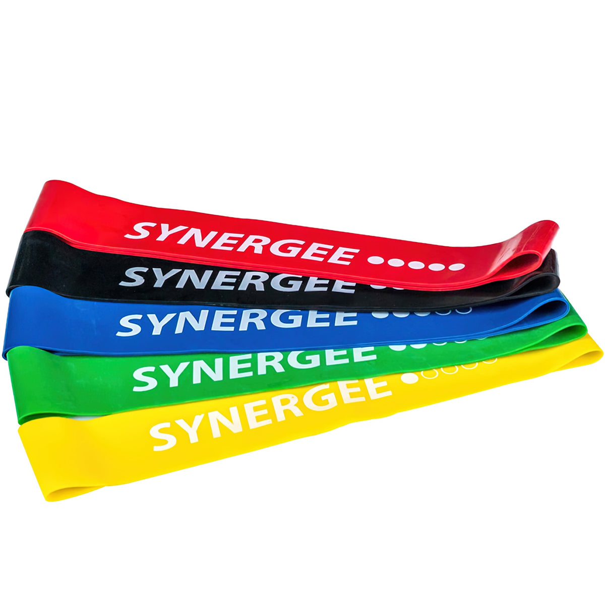Synergee resistance bands in red, black, blue, green, and yellow for strength training.