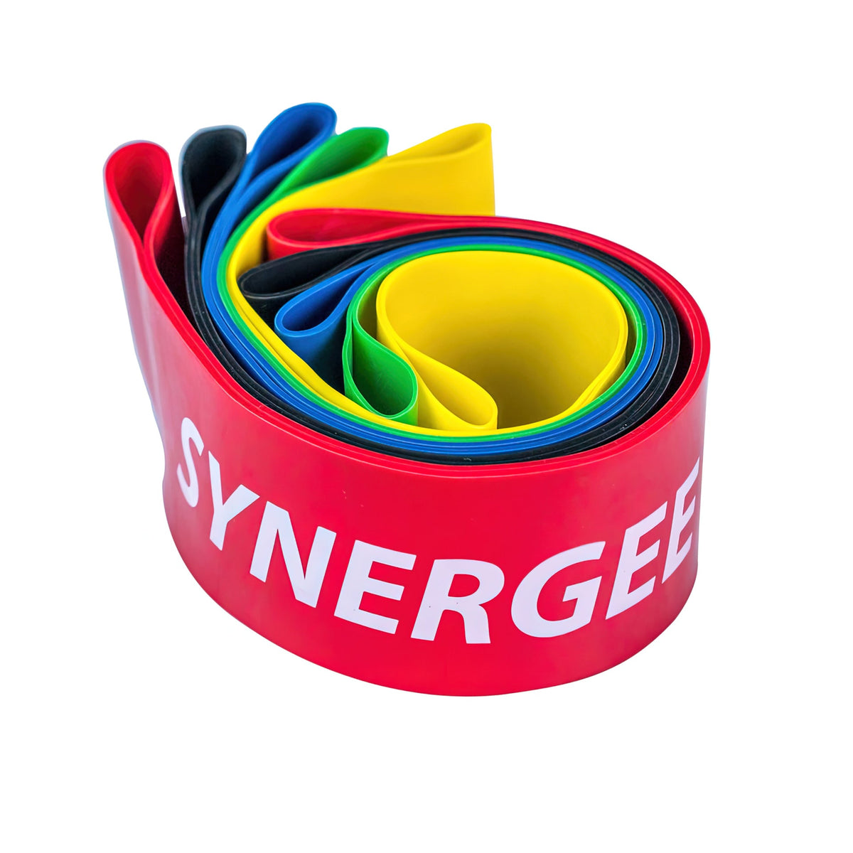 Synergee resistance bands in vibrant colors, including red, blue, green, yellow, and black.