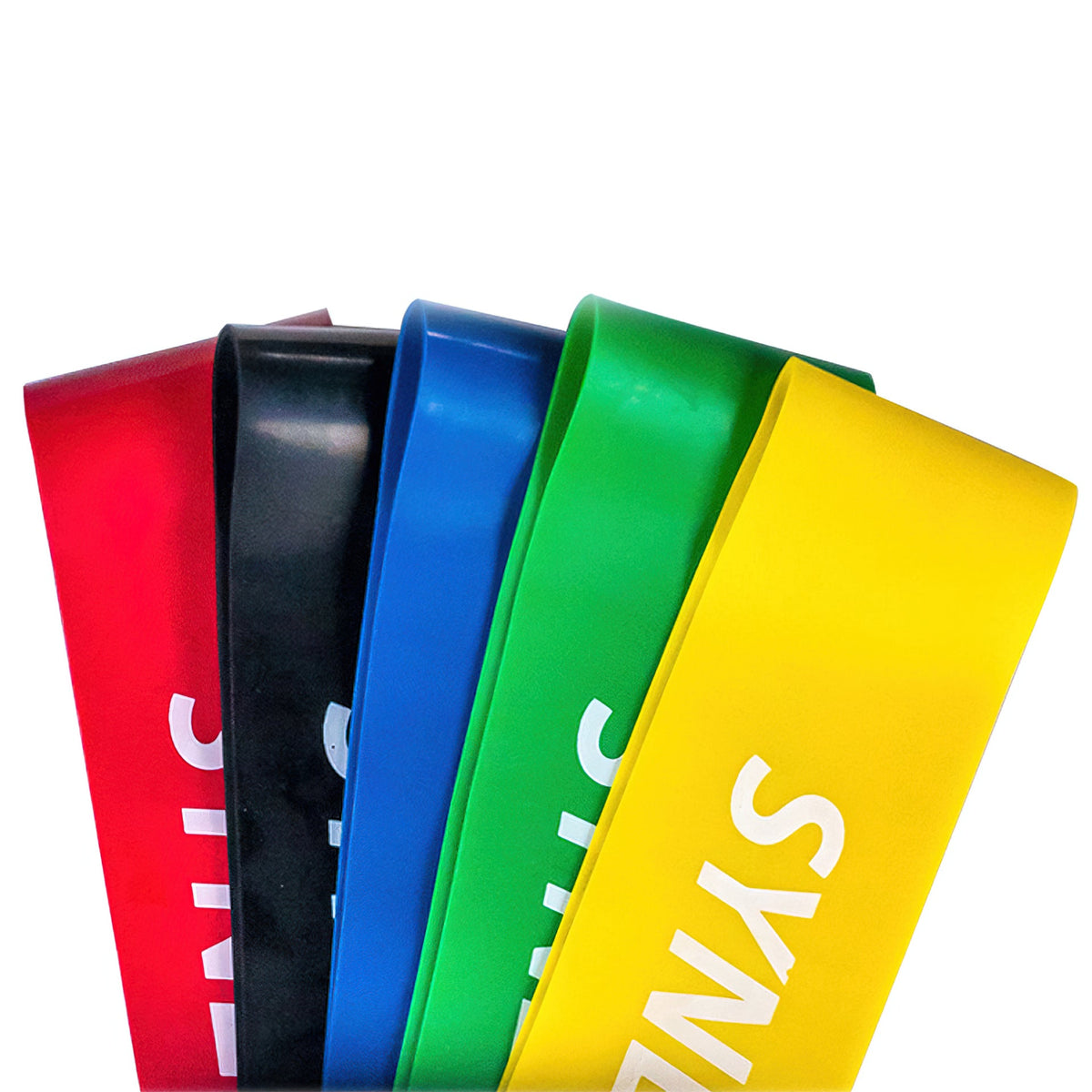 SYNUL resistance bands in red, black, blue, green, and yellow colors for strength training.