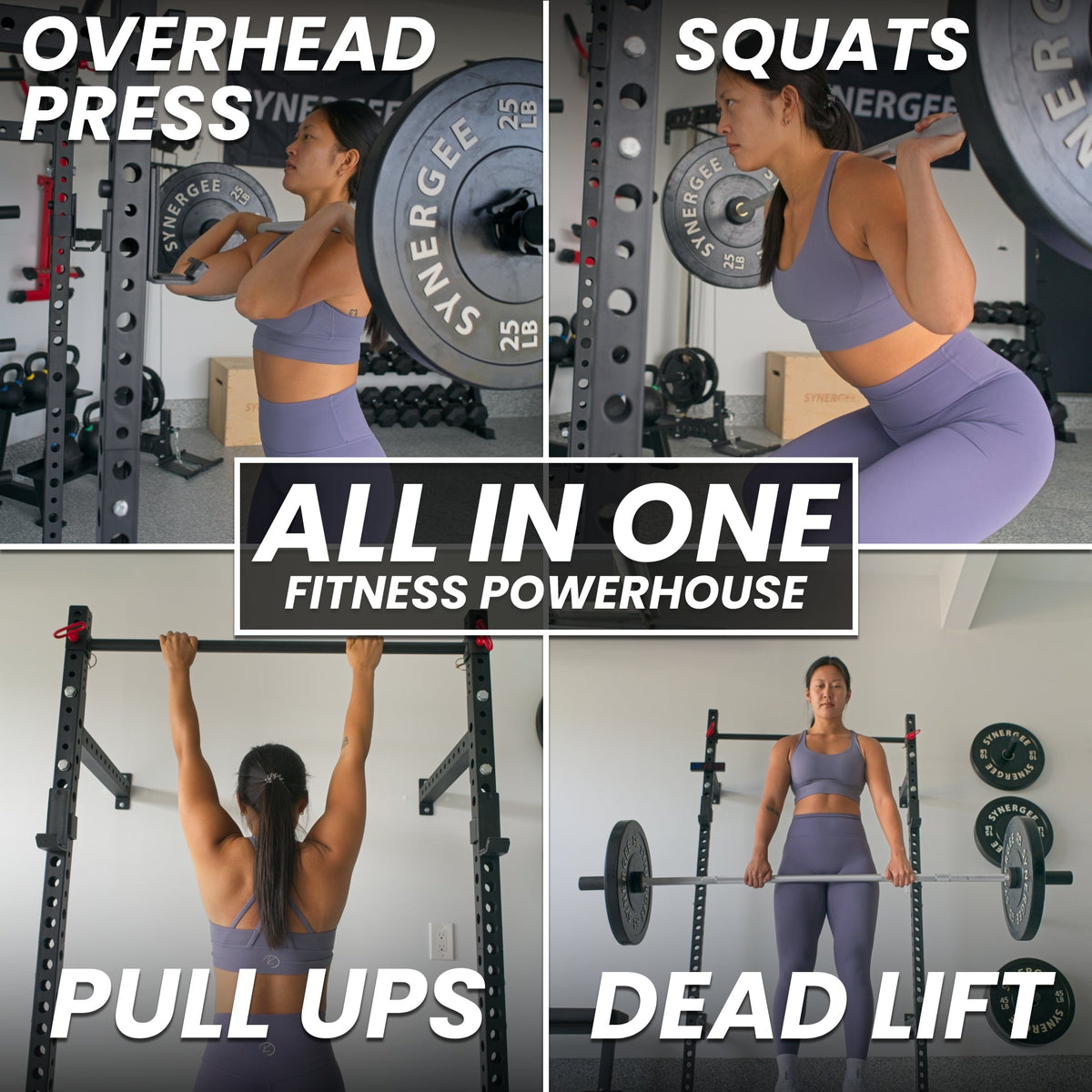 All In One Fitness Powerhouse showcasing overhead press, squats, pull-ups, and dead lifts in a gym setting.