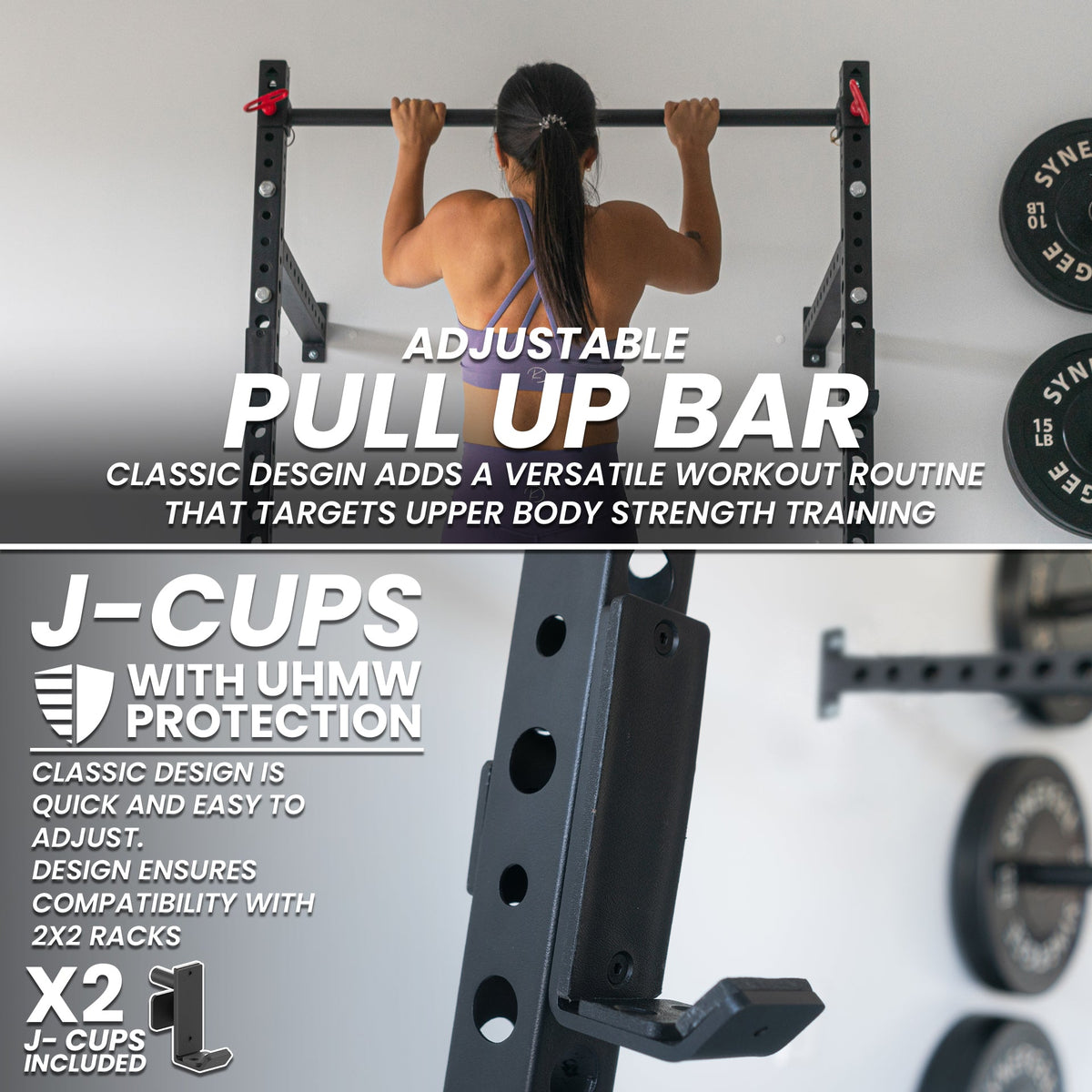 Adjustable pull up bar designed for versatile upper body strength training with j-cups included.