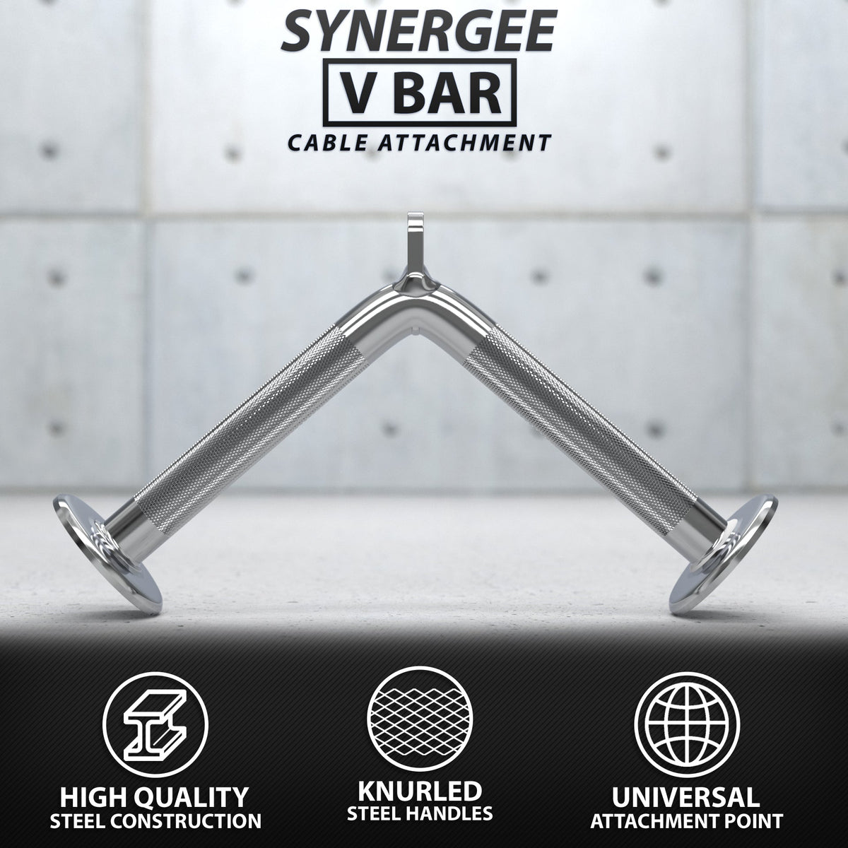 Synergee V Bar cable attachment with high-quality steel construction and knurled handles.