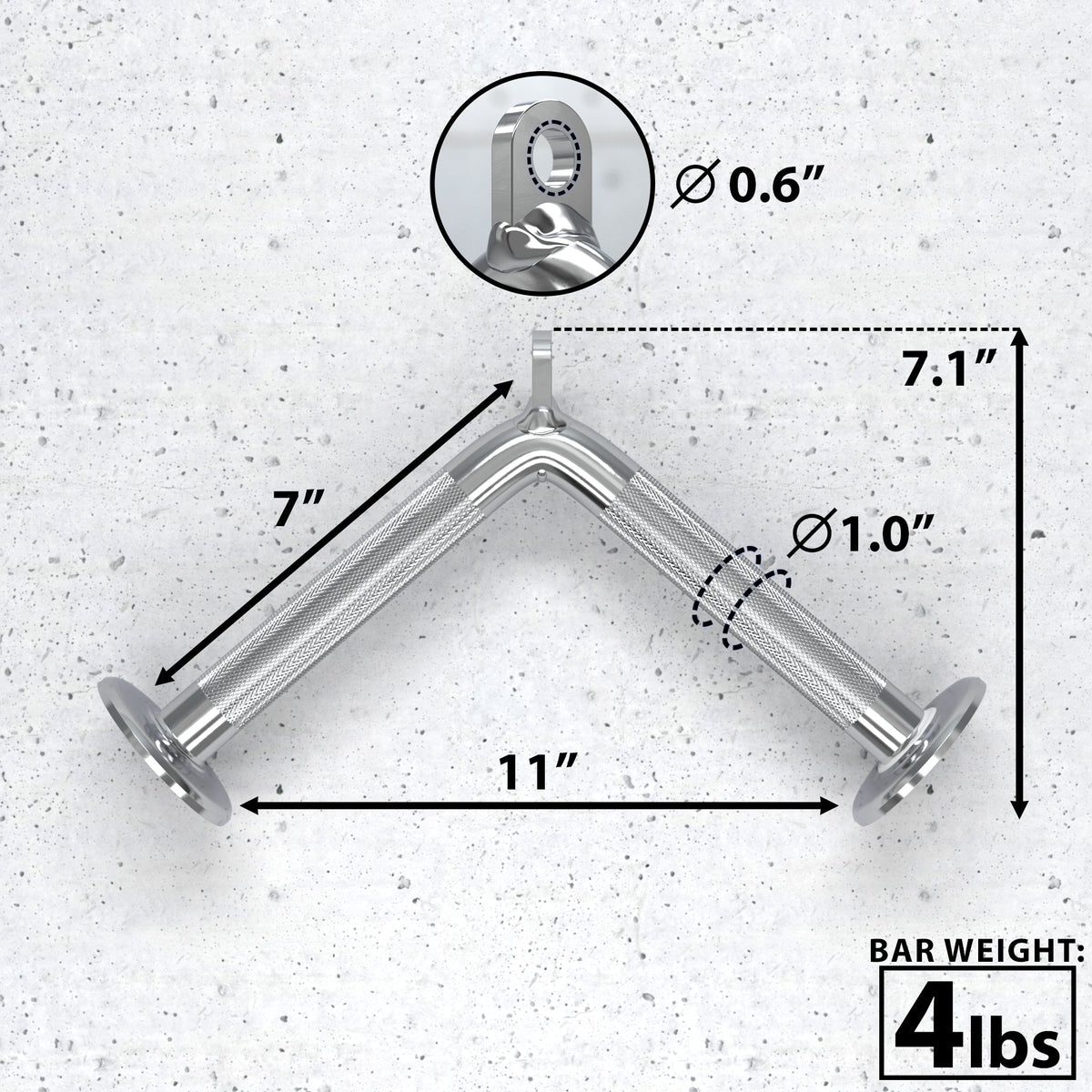 Barbell attachment with 1.0-inch diameter and 4 lbs weight, featuring a chrome finish and dimensions.