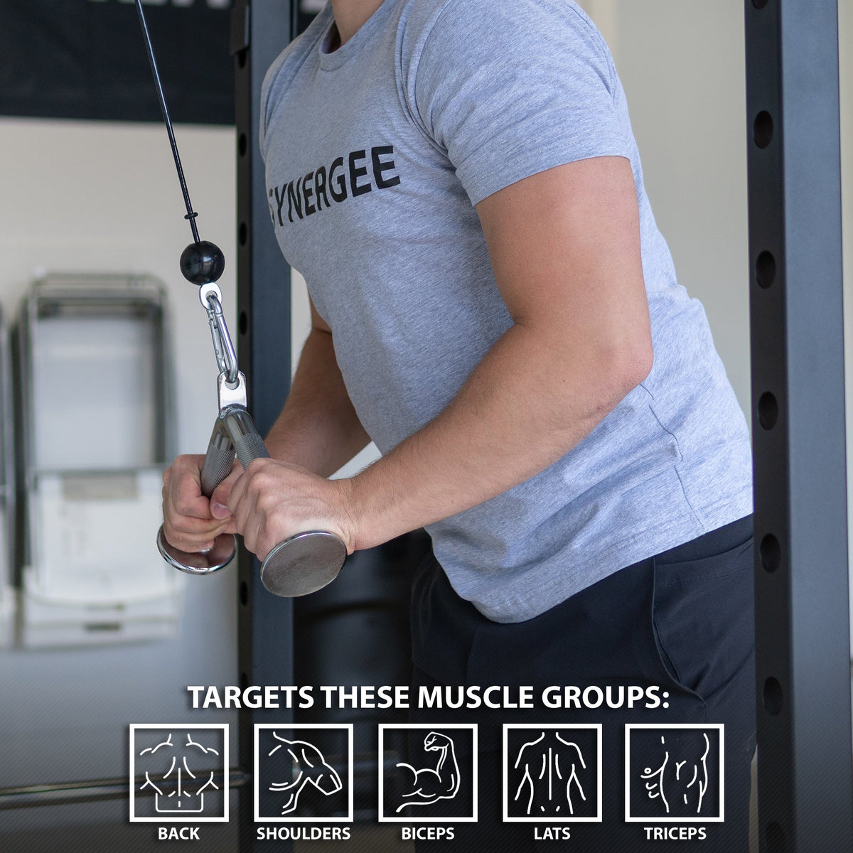 Synergee workout shirt featuring a person exercising with cable machine, targeting back, shoulders, biceps, lats, and triceps.
