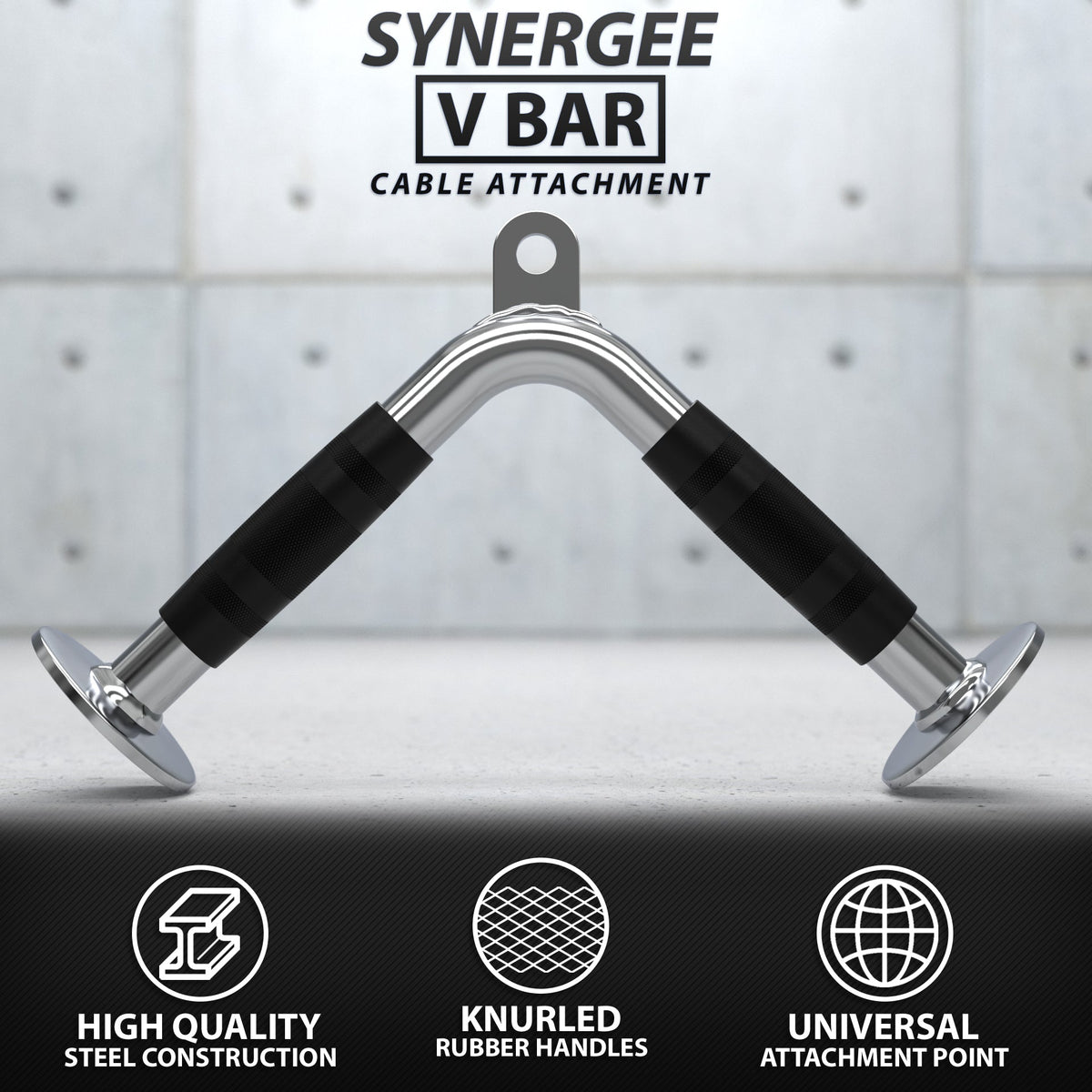 Synergee V Bar cable attachment with knurled rubber handles and steel construction.