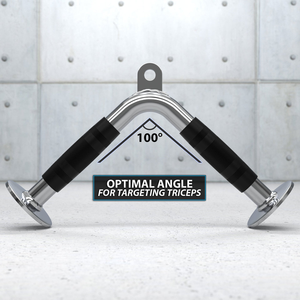 Tricep rope attachment featuring optimal angle for targeting triceps with rubber grips.