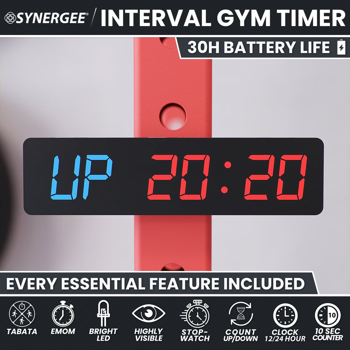 Synergee interval gym timer displaying 20:20 with blue and red digits, designed for workouts.