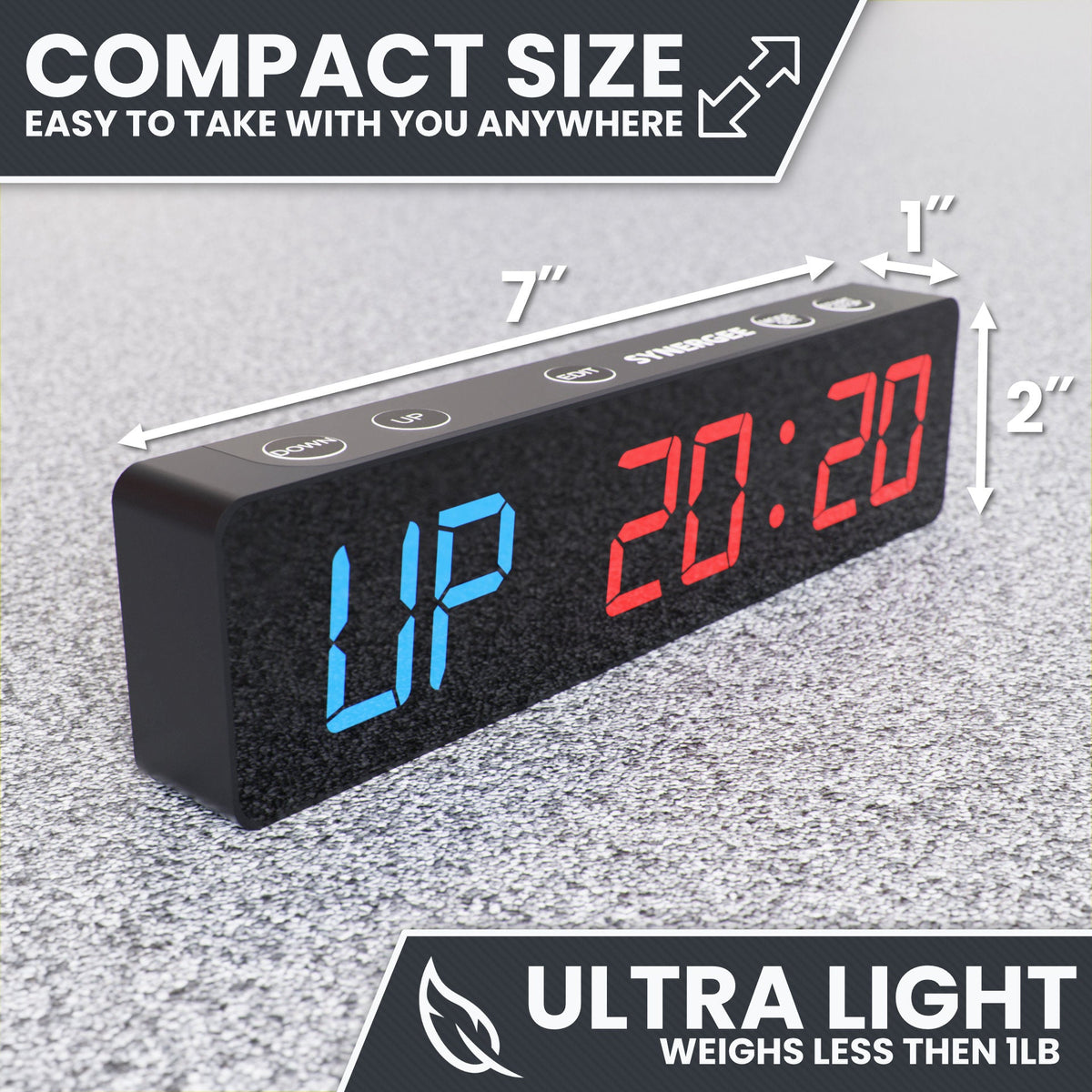 Ultra Light timer with compact size, featuring blue and red LED display for easy visibility.