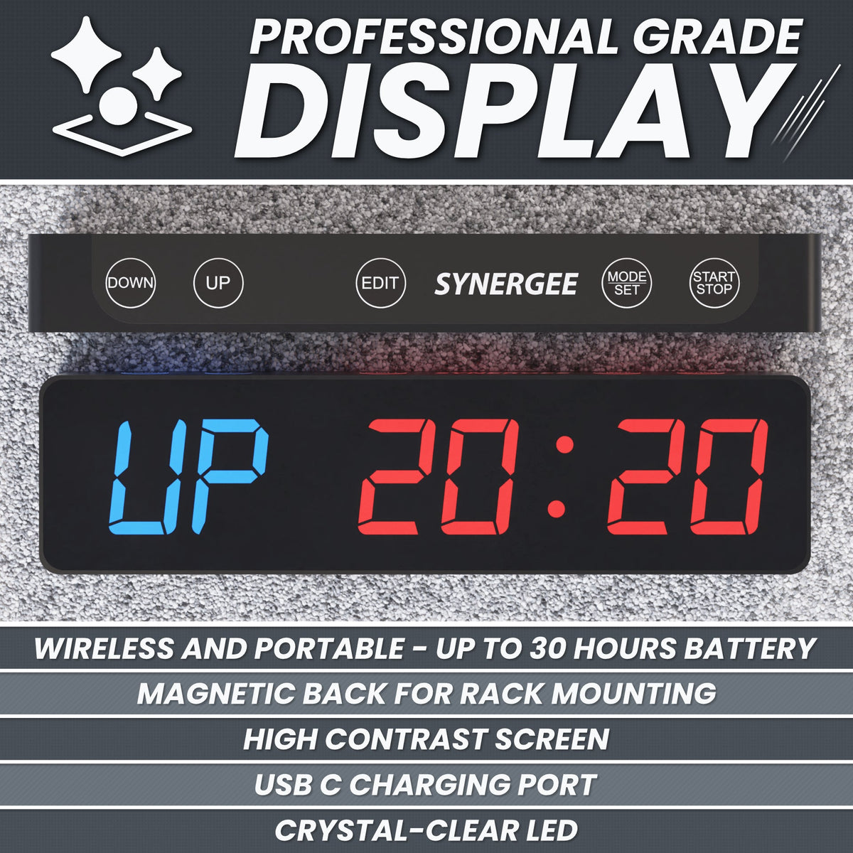 Synergee display with high contrast screen showing time 20:20, wireless and portable design.