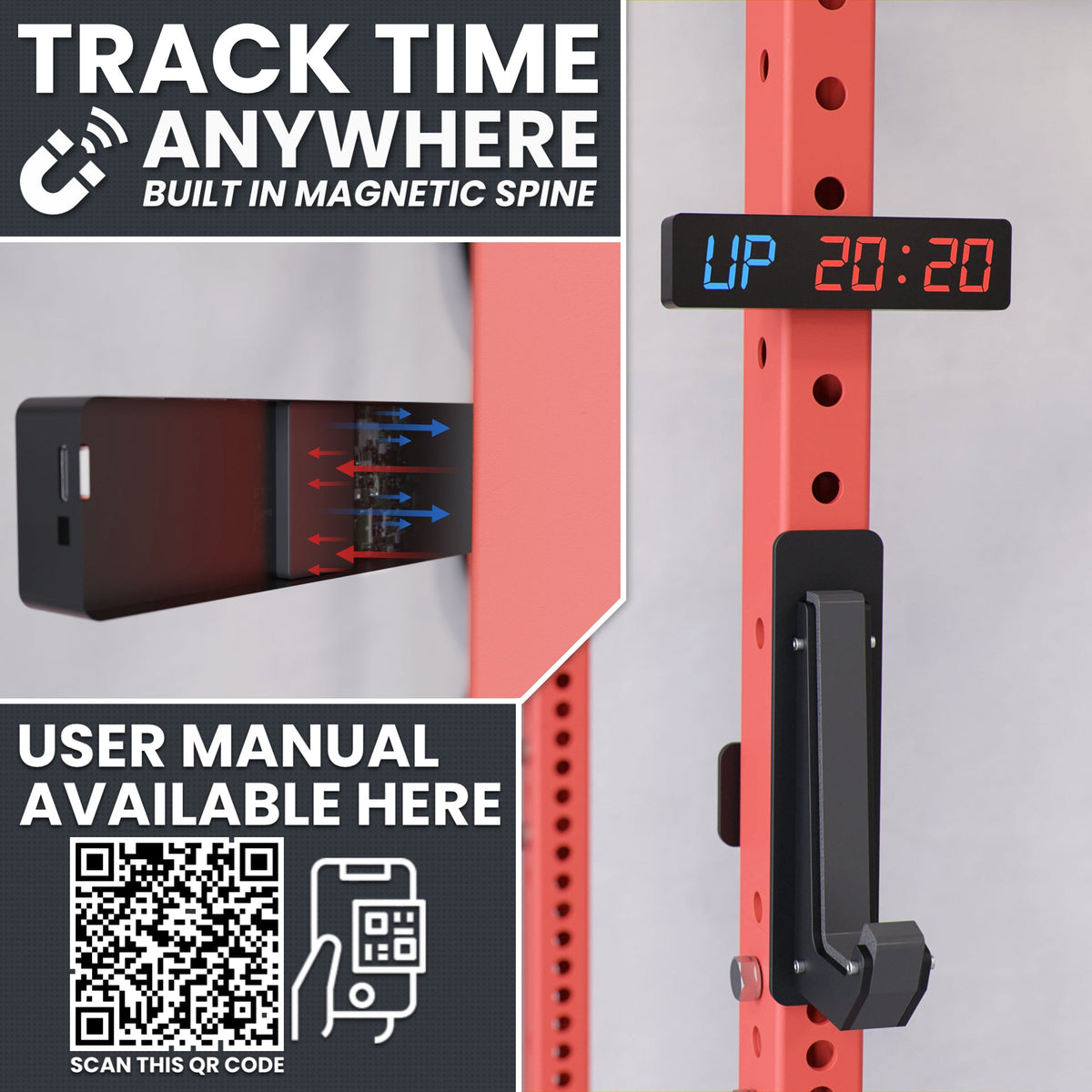 Track Time Anywhere timer with built-in magnetic spine, displaying 20:20 on a red rack.