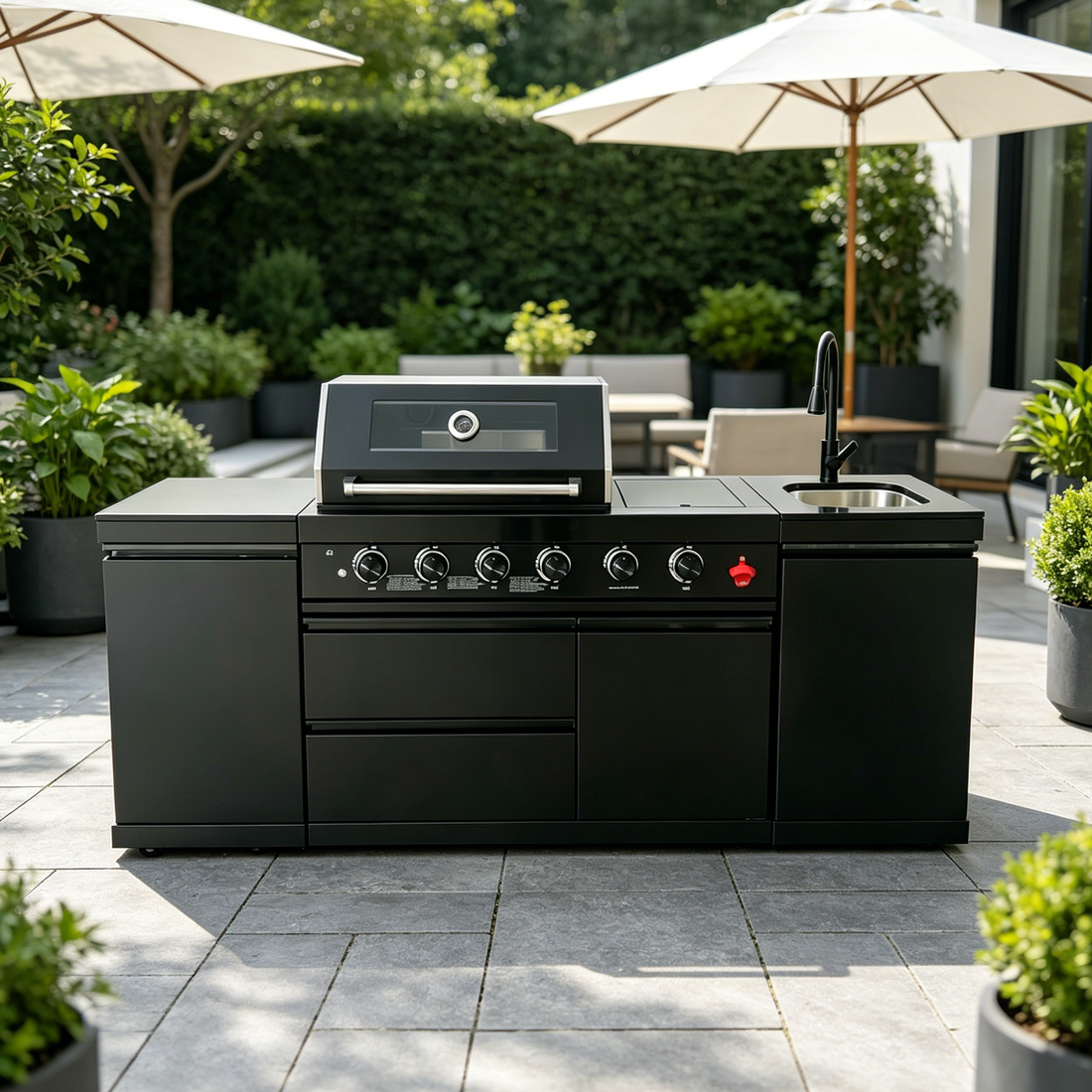 Black outdoor kitchen island with a 4-burner grill on a patio