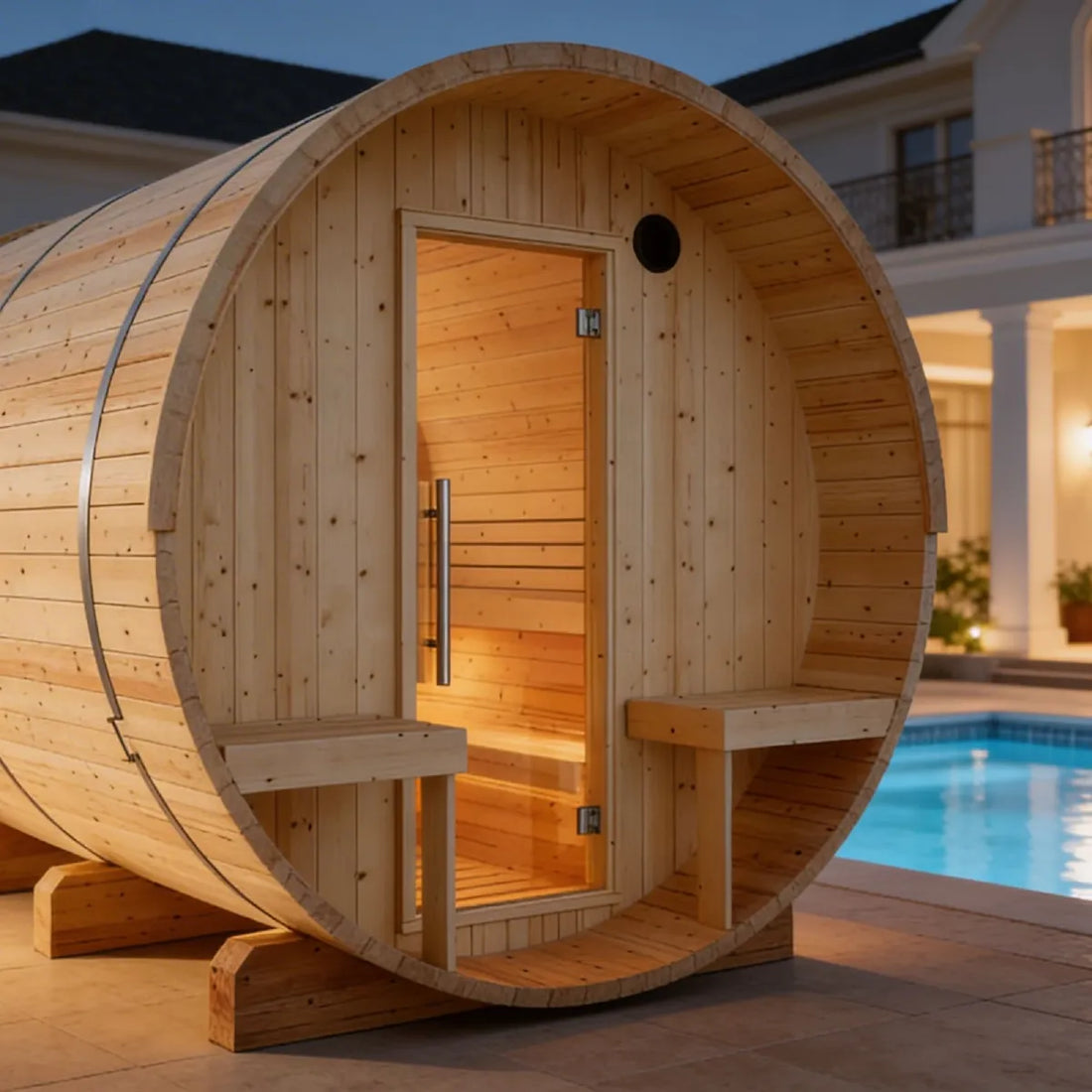 Helsinki barrel sauna with a terrace, beside a pool
