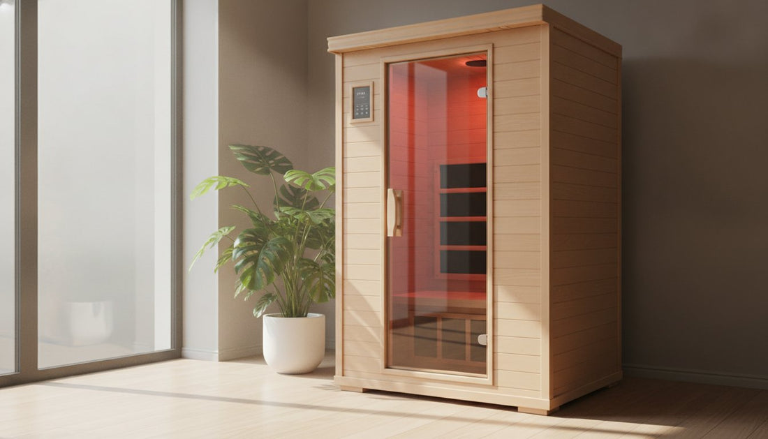 Infrared sauna featuring a wooden exterior and glass door, designed for relaxation and wellness.