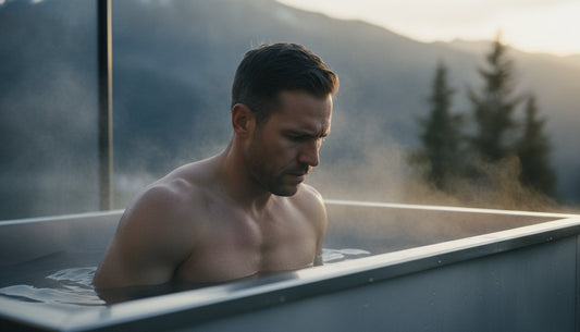 Relaxing in a hot tub, a man enjoys the serene mountain view and steam rising around him.