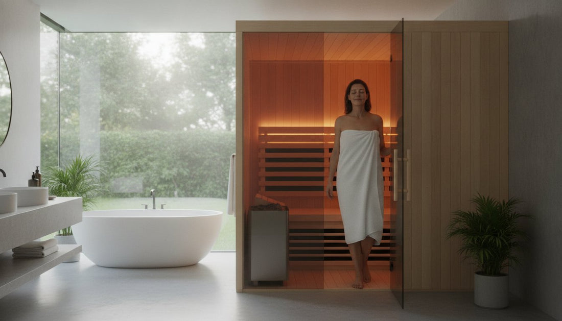 Home sauna featuring a woman in a towel stepping out, with a modern bathroom design.